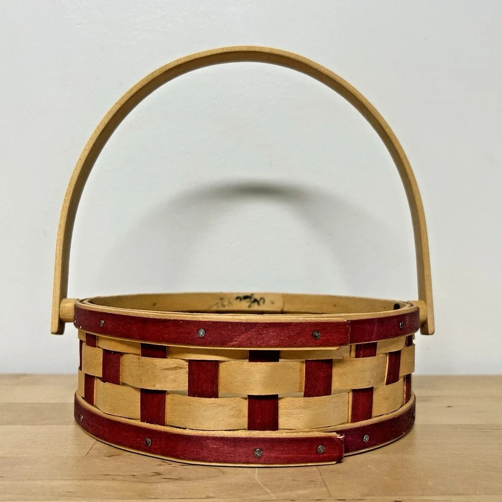 Vtg Longaberger Small Pie Basket Cherry Red Checkered Woven Swing Handle 2006